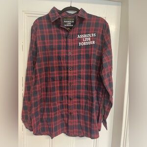 Red and navy Assholes Live Forever flannel